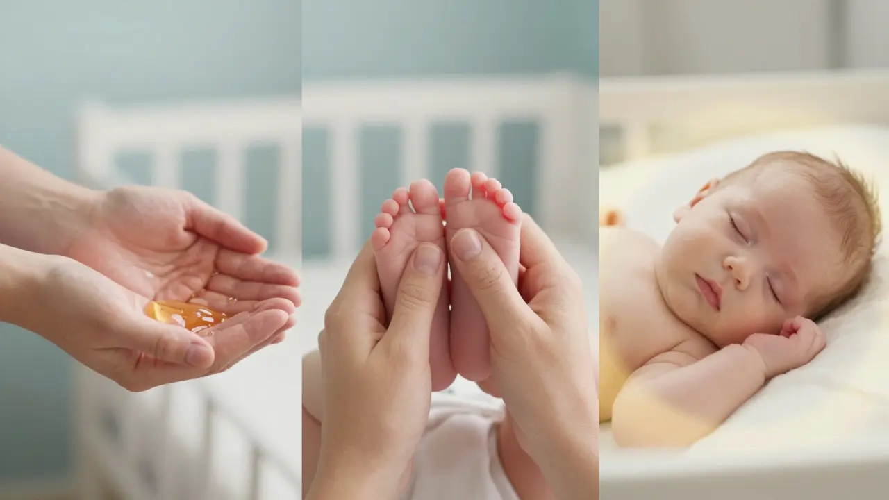 Tři scény: zahřívání oleje, masáž nožičky a spavé dítě v klidném pokoji.