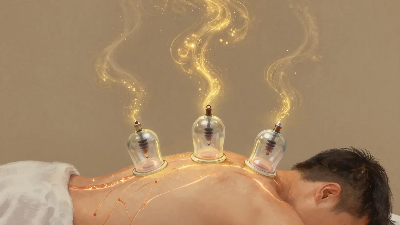 Umělecké znázornění energetických meridiánů na zádech s lehkým zářením a baňkami uvolňujícími energii.