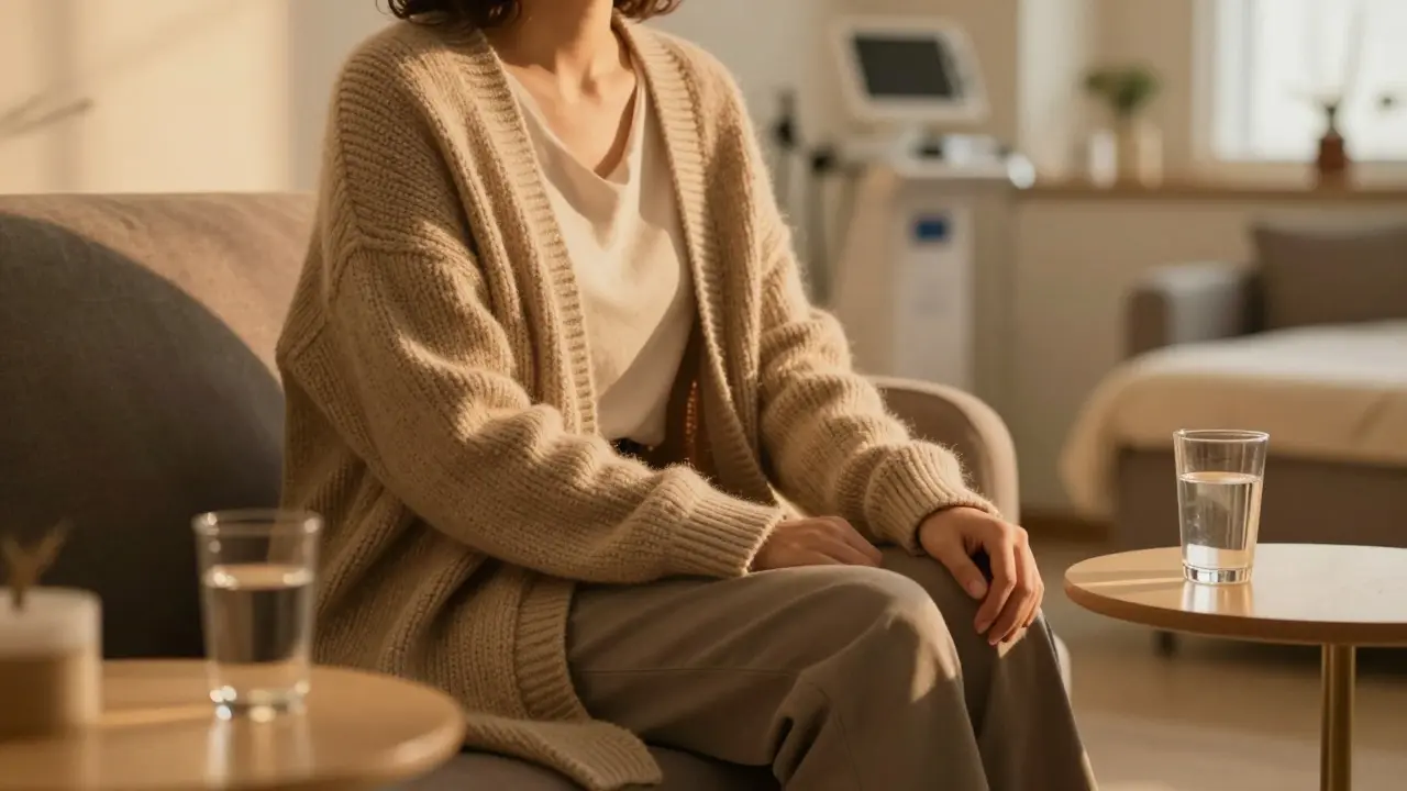 Klient v teple po masáži, obaleny plédem s vodou u stolu.