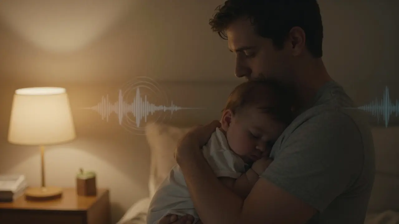 Otec drží usnoucí dítě na prsou ve tmy, kolem nich jemné vlny zvuku připomínají klid a bezpečí.