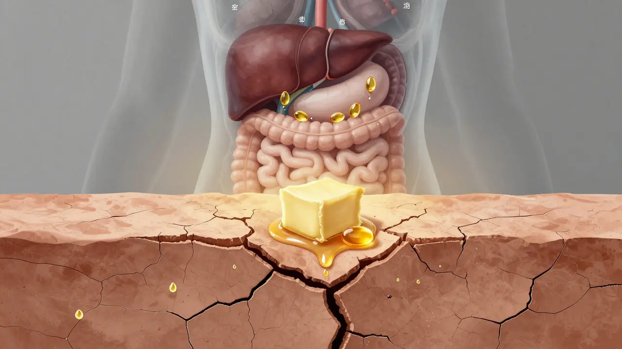 Poškozená kůžní bariéra jako prasklý hliněný zdi, kterou opravují přírodní tuky a živiny z těla.