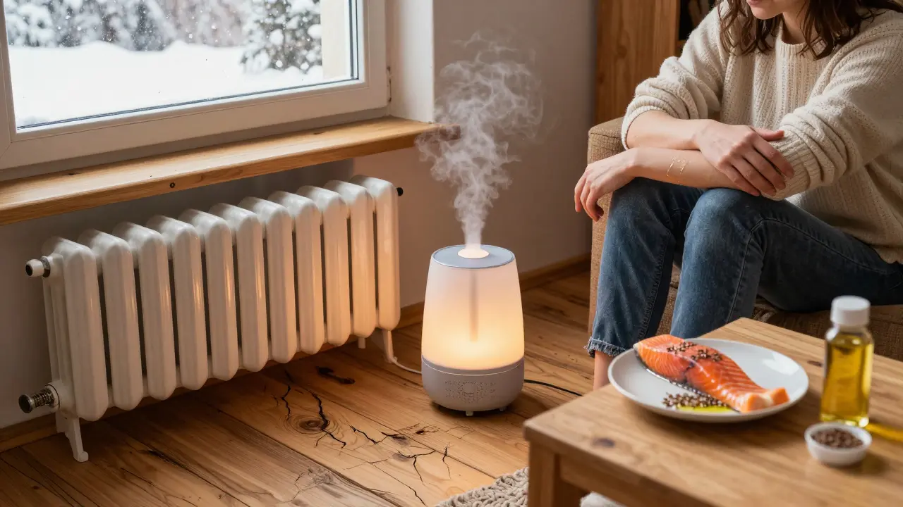 Zimní pokojský vnitřek s vlhčičem, jídlem bohatým na tuky a ženou aplikující olej na kůži.