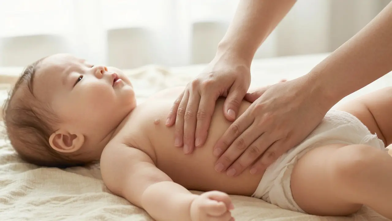 Detail jemné masáže bříška kojence po směru hodinových ručiček.