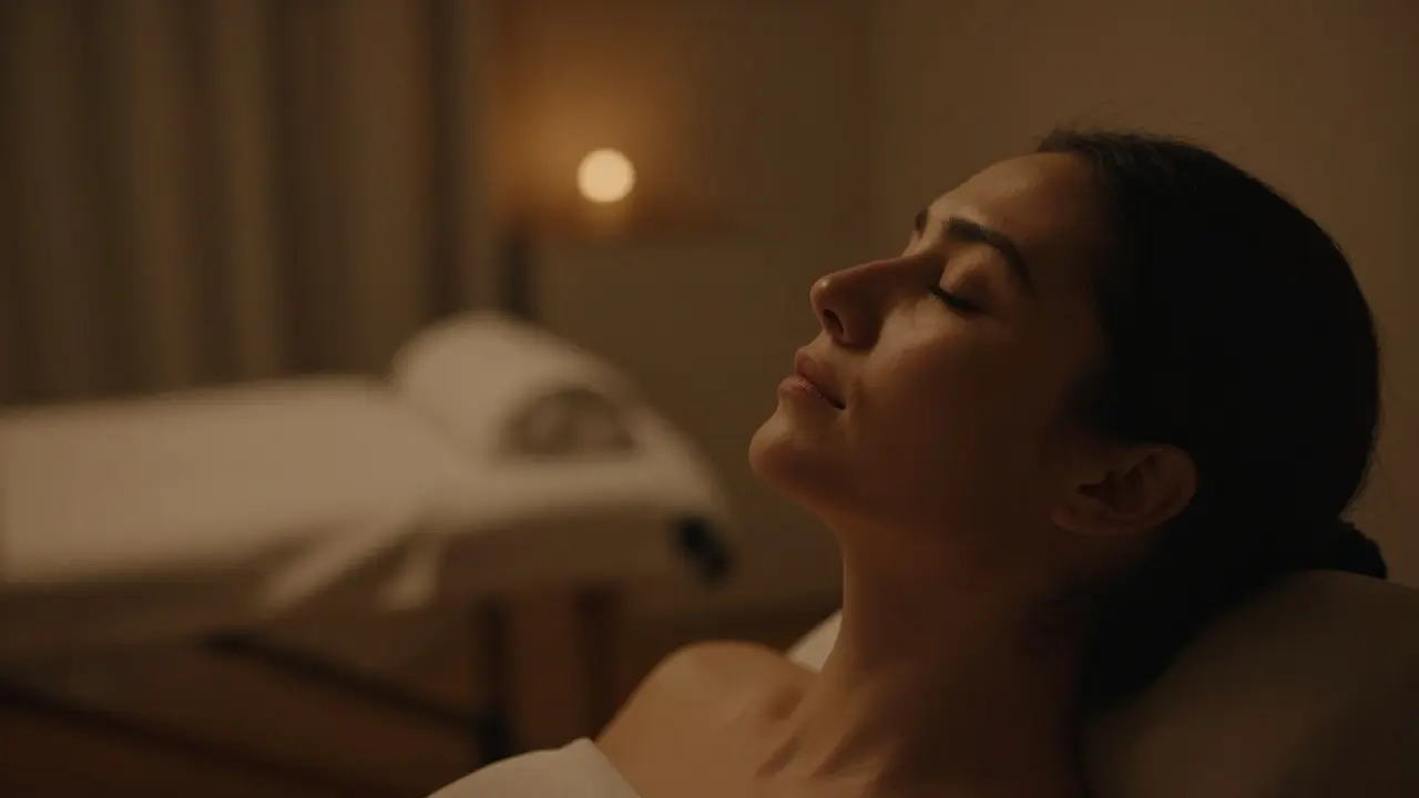 Klidná osoba zavřenýma očima v relaxačním prostředí před masáží.