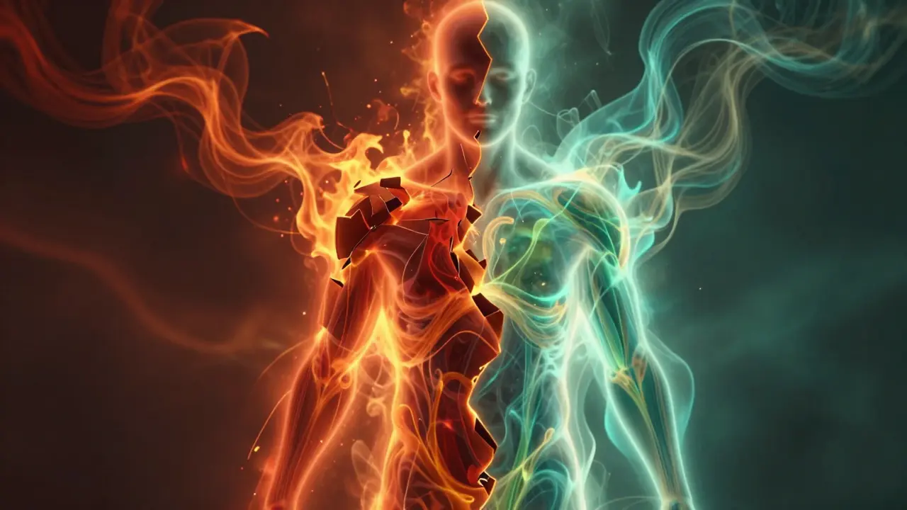 Konceptuální ilustrace přechodu z červeného stresu do uklidňujících zelených tónů regenerace.