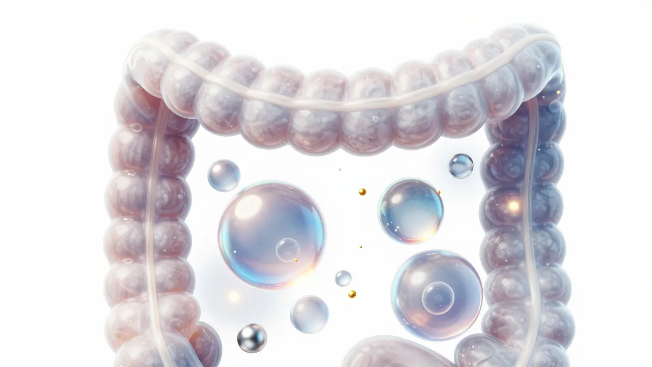 Konceptuální zobrazení bublinek plynu v dětských střevech s probiotiky.