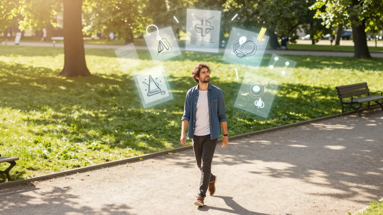 Kreativec v parku s vizualizovanými nápady plujícími kolem jeho hlavy.