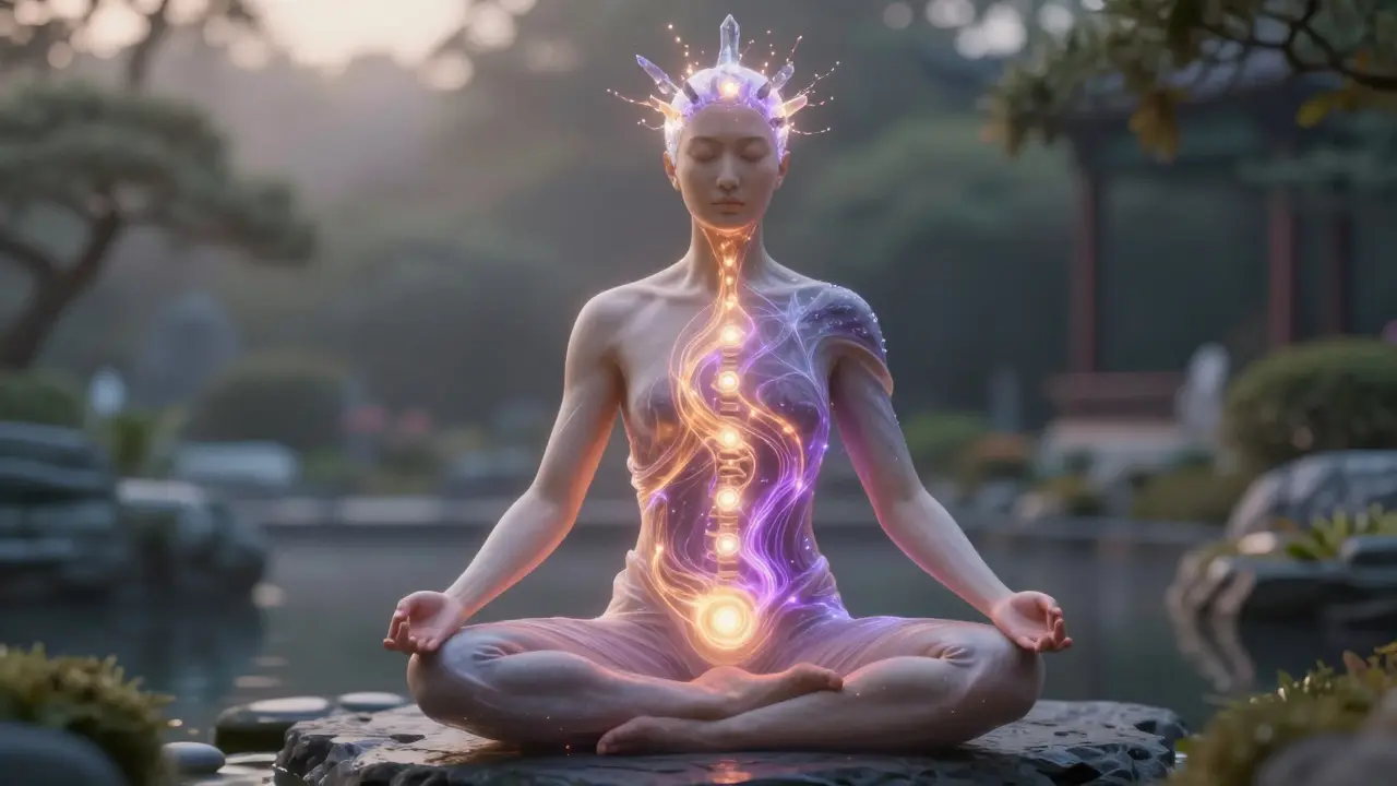 Proudnice energie stoupající z páteře k hlavě v meditačním postoji.