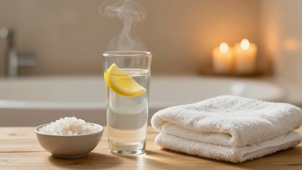 Sklenice vody a epsomská sůl v uklidňujícím prostředí domácího spa.