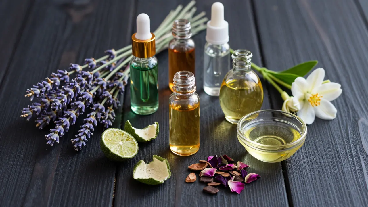 Éterické oleje a čerstvé byliny připravené pro aromaterapii