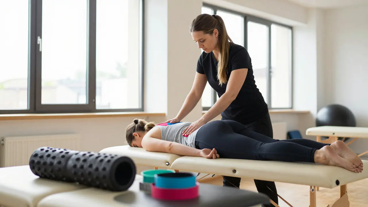 Fyzioterapeut aplikuje tejp po rehabilitační masáži