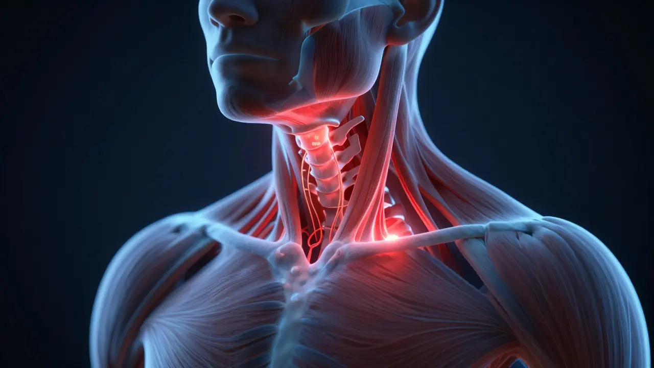 Anatomická ilustrace napětí v krku jako příčiny migrény