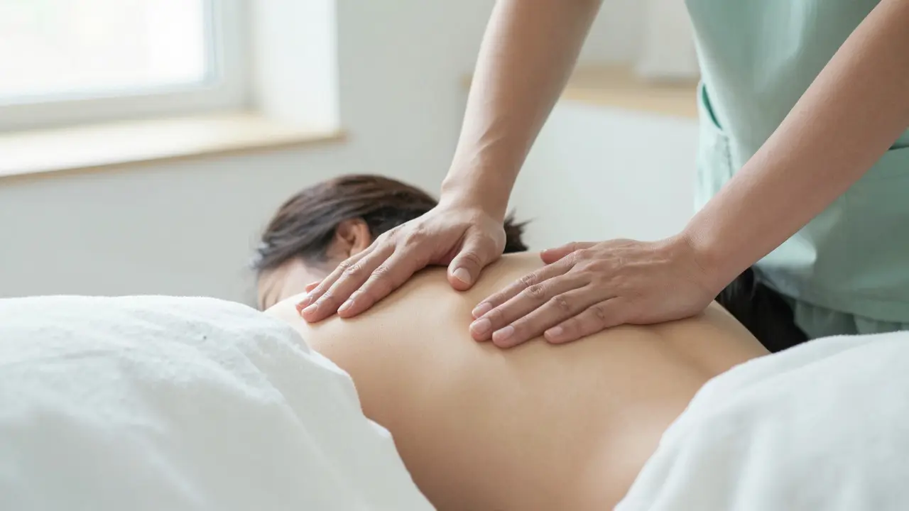Fotografie moderní terapeutické lymfatické drenáže na zádech nové matky