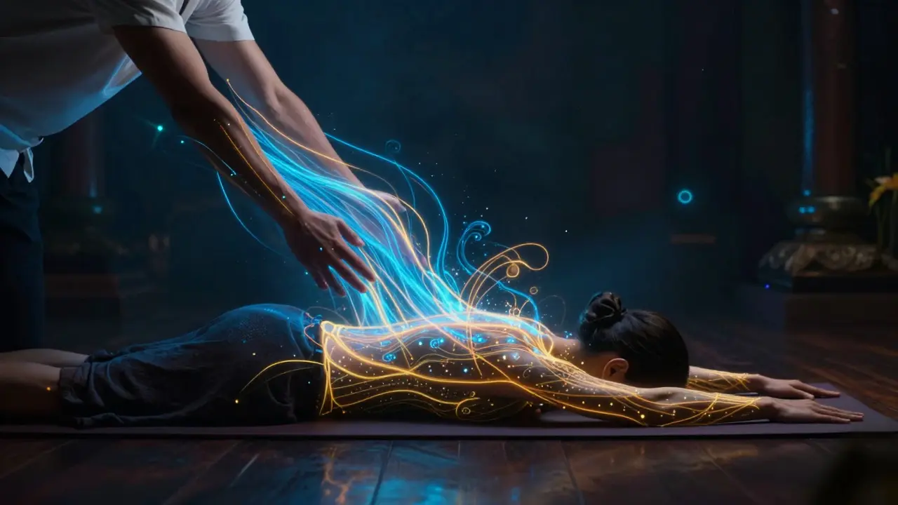 Konceptuální ilustrace toku životní energie při protahovacích pohybech
