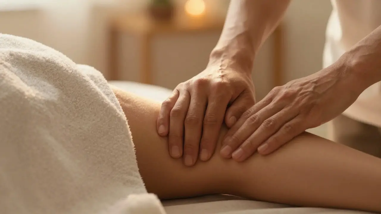Záběr rukou terapeuta aplikujících tlak na paži klienta během thajské masáže