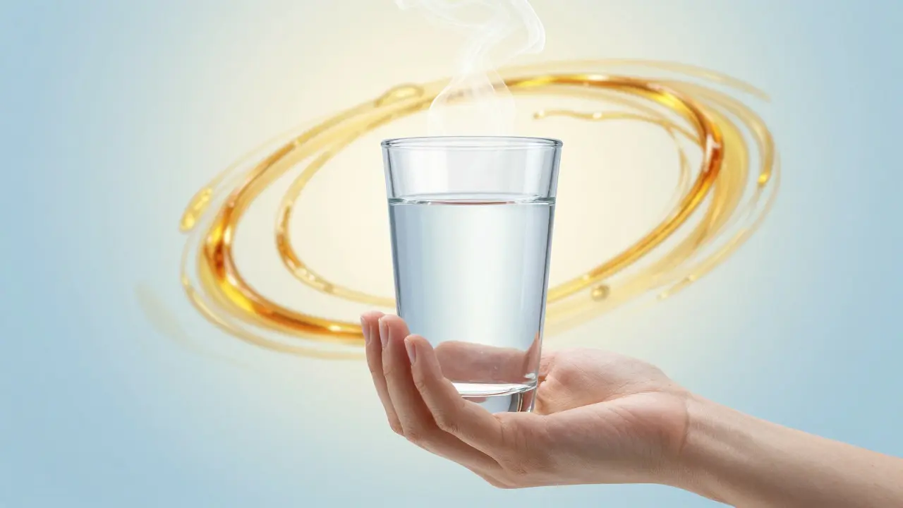 Sklenice vody a zlaté spirály symbolizující detoxikaci