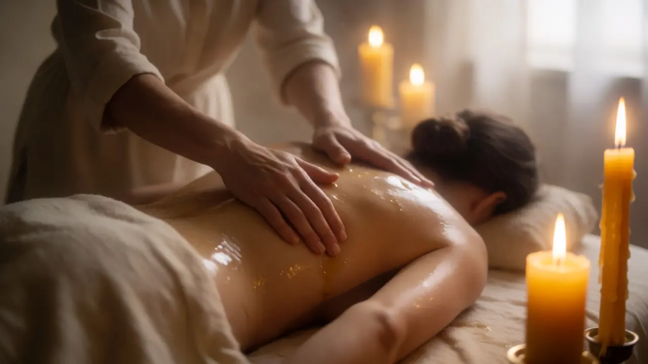 Terapeutické ruce provádějící pomalou masáž zad při svíčkách