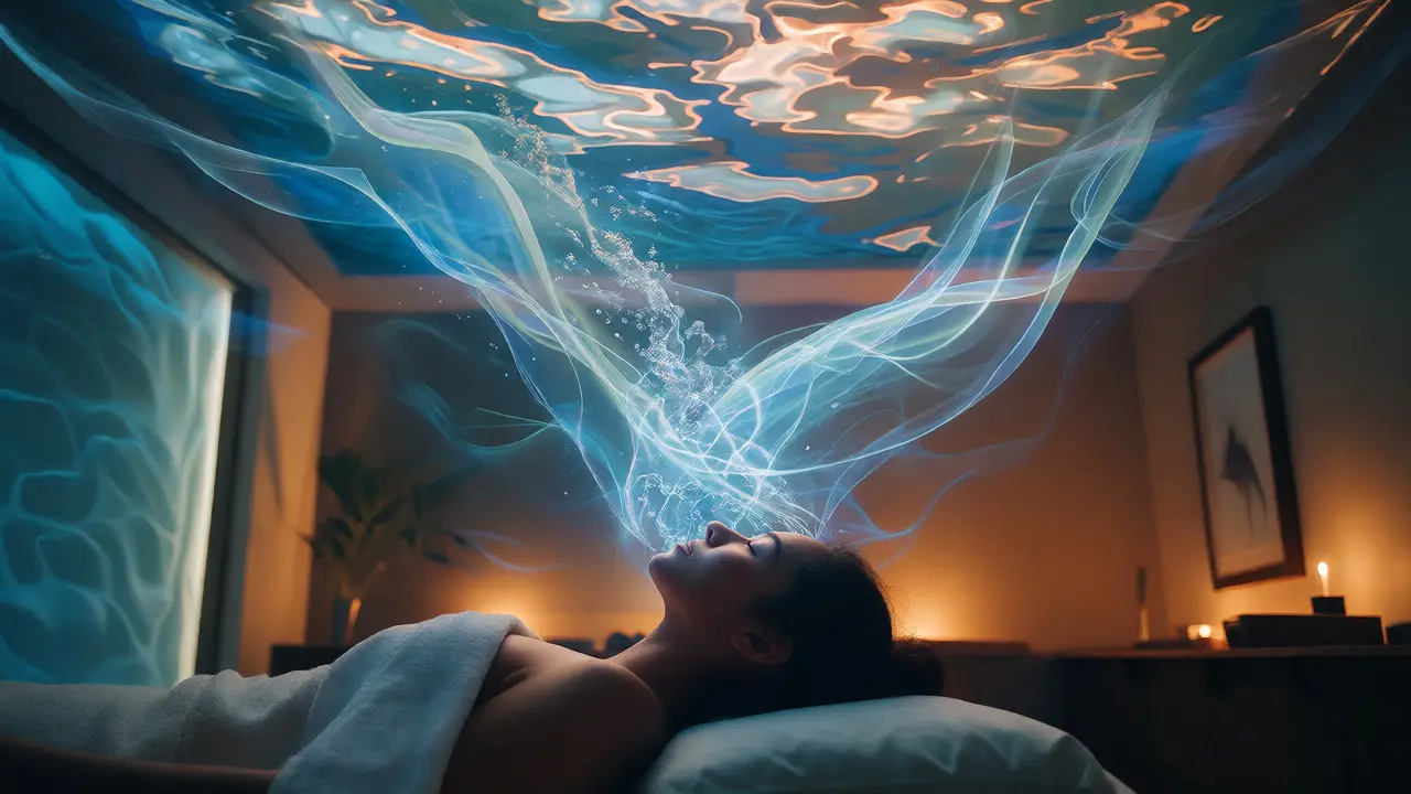 Abstraktní vizualizace duševního klidu a toku energie po relaxační masáži.