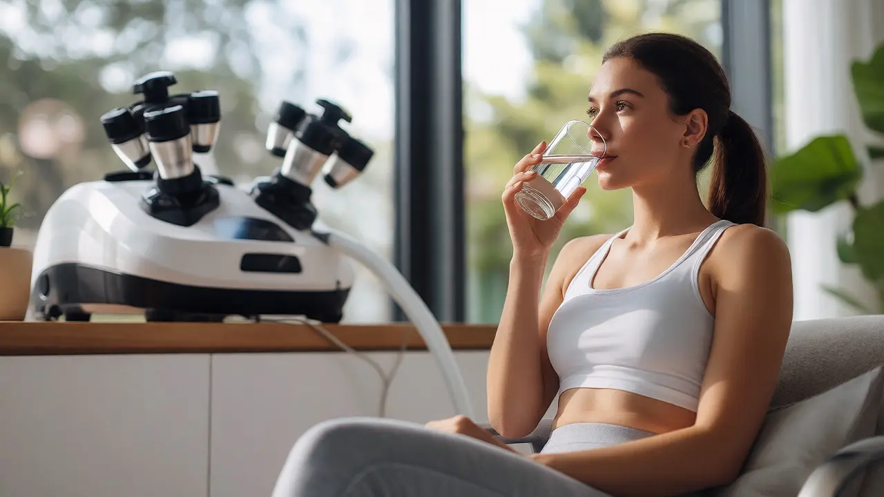 Žena pije vodu po ošetření v moderním wellness centru s přístrojem.