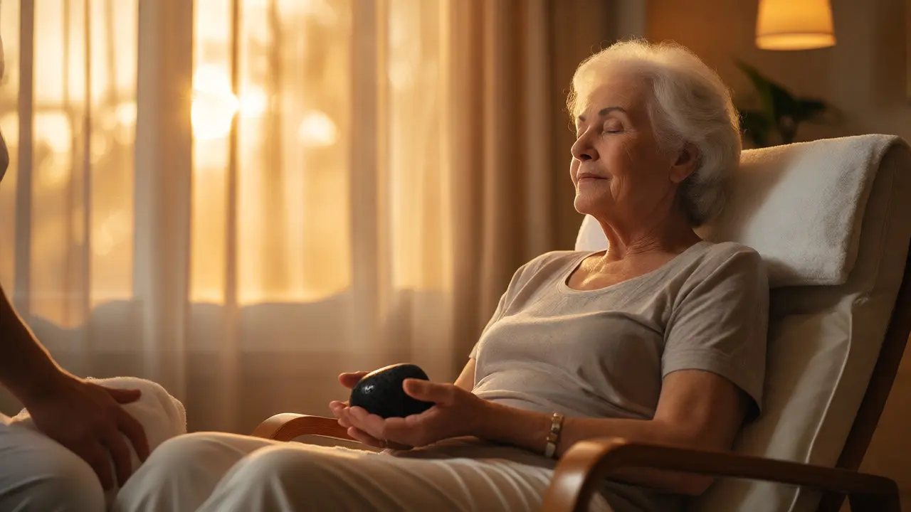 Senior v relaxaci s lávovým kamenem v ruce ve wellness centru