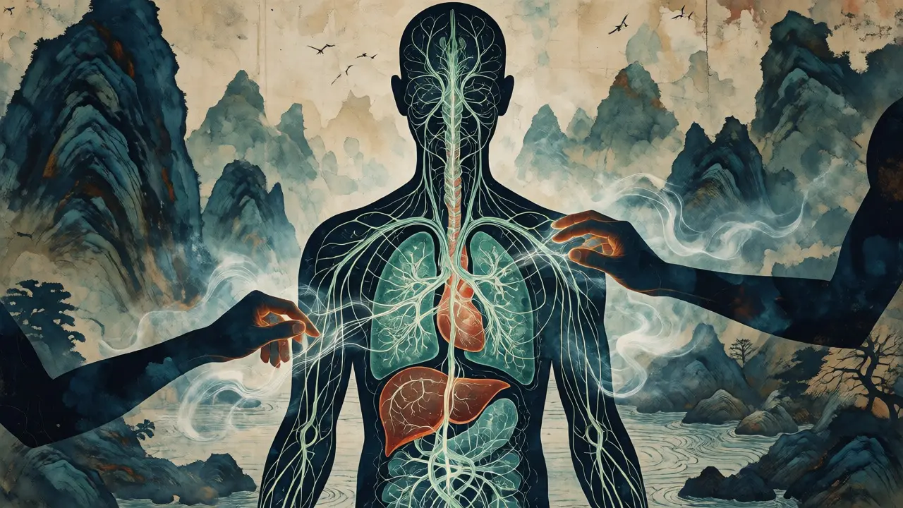 Umělecká ilustrace lidského těla s vyznačenými energetickými meridiány.